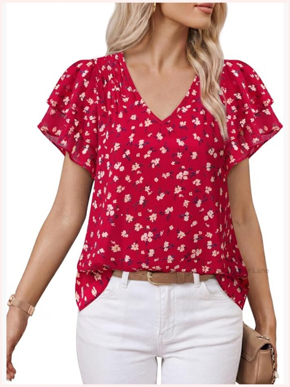 Flow Ruffle Sleeve V Neck Chiffon Blouse Dressy Casual Work Tops